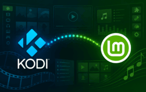 Kodi and Linux Mint logos over a media center interface illustration
