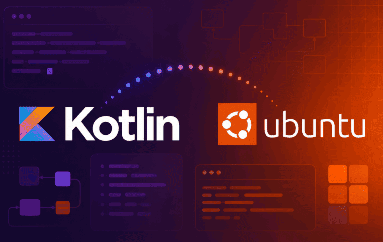 Kotlin and Ubuntu logos over code panels for installing Kotlin on Ubuntu
