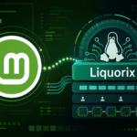 Linux Mint logo beside a Liquorix kernel server graphic with Linux mascot and circuit lines