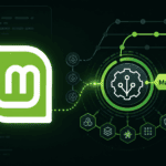 Linux Mint logo beside a glowing Mainline kernel graphic with circuit paths