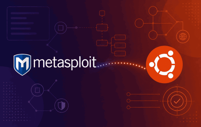 Metasploit and Ubuntu logos with security network graphics for installing Metasploit Framework on Ubuntu
