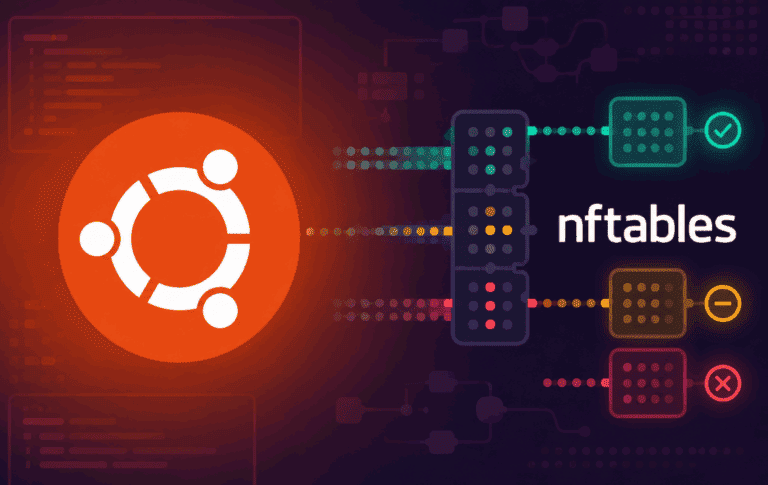Ubuntu logo with nftables firewall rule flow showing allowed, rejected, and dropped traffic