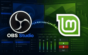 OBS Studio and Linux Mint logos over a recording workspace graphic