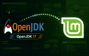 OpenJDK 17 logo beside the Linux Mint logo on a green developer-themed background