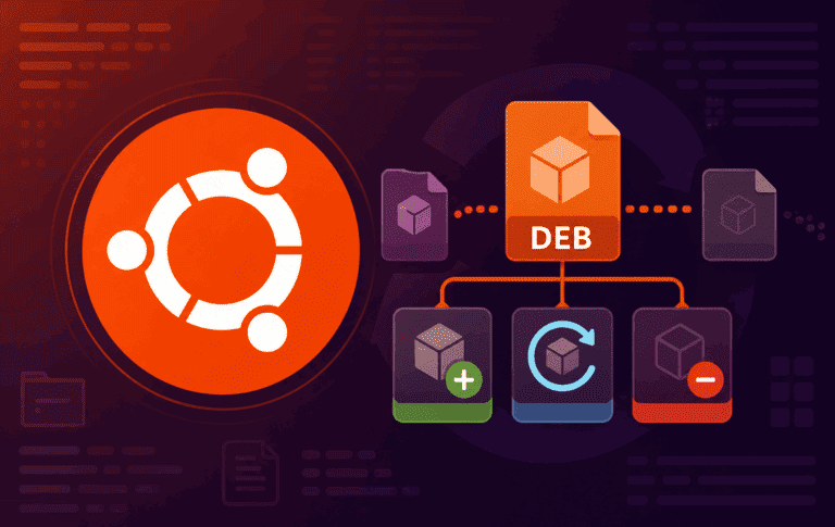 Ubuntu logo with a DEB package and install, update, and remove icons for local package management