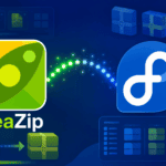 PeaZip and Fedora logos with archive icons representing archive management on Fedora