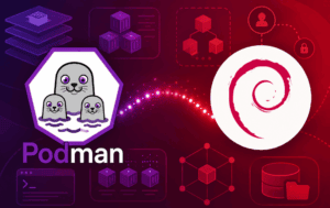 Podman and Debian logos with container icons for rootless container setup