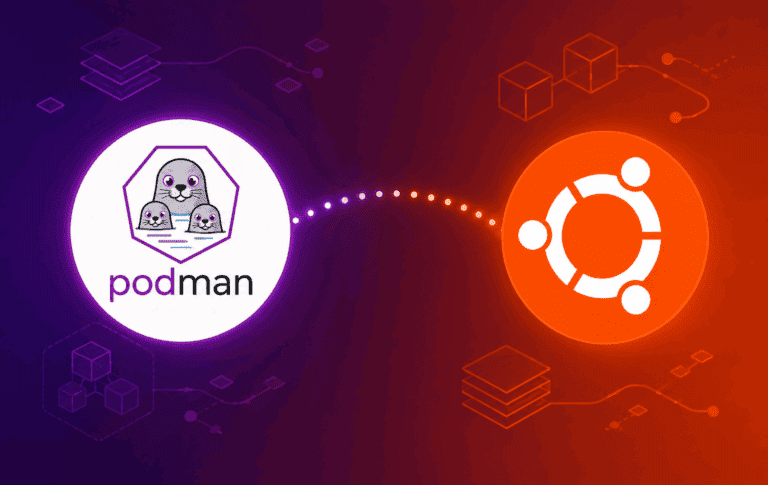 Podman and Ubuntu logos with container icons for setting up rootless containers on Ubuntu