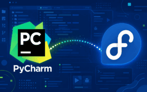 PyCharm and Fedora logos over a blue developer interface background