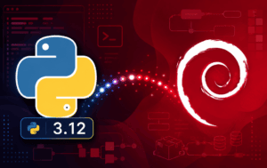 Python 3.12 and Debian logos with terminal panels for a source-build install