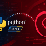 Python 3.13 and Debian logos with code panels for installing Python on Debian