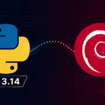 Python 3.14 logo beside the Debian swirl for a source-build install guide