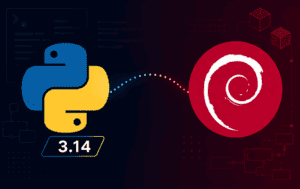 Python 3.14 logo beside the Debian swirl for a source-build install guide