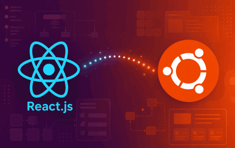 React.js and Ubuntu logos over developer workflow graphics for installing React.js on Ubuntu