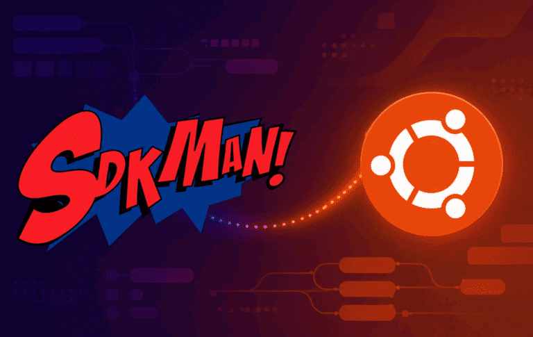 SDKMAN and Ubuntu logos over a developer workflow graphic for managing JVM tools