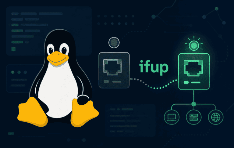 Tux beside ifup network interface icons representing Linux interface activation