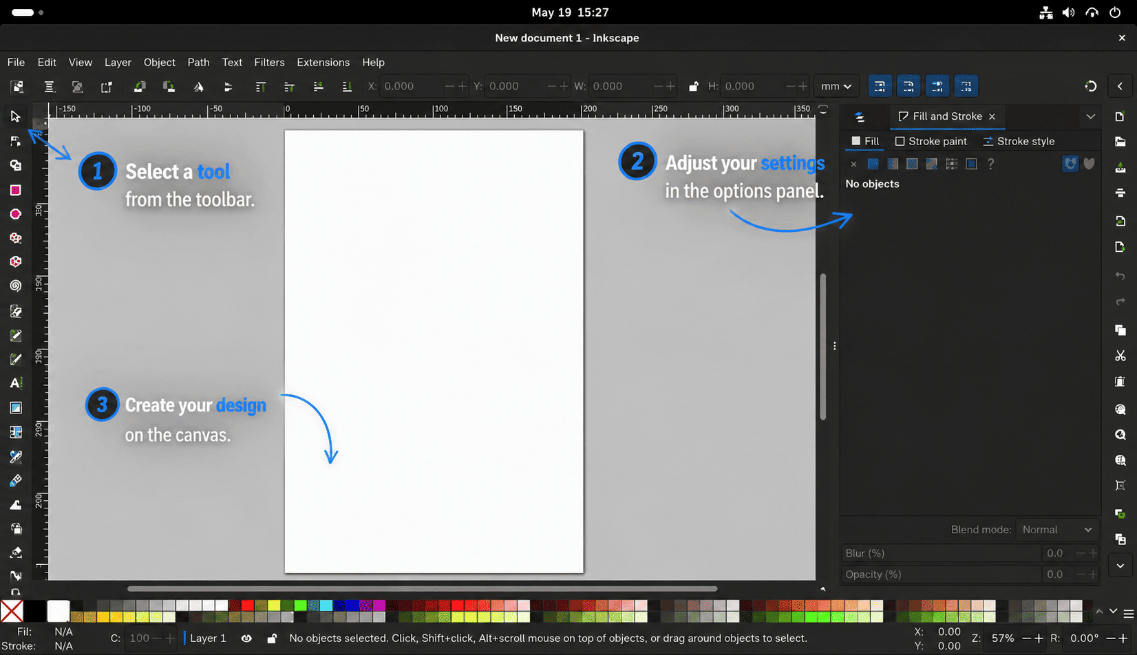Inkscape canvas with toolbar, options panel, and annotations for selecting tools and designing
