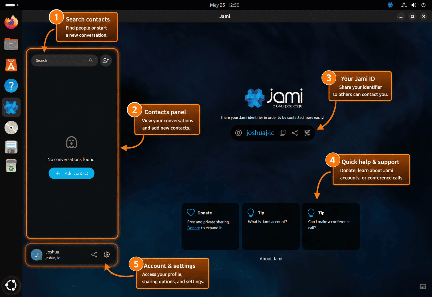 Jami desktop interface on Ubuntu with contact search, Jami ID, tips, and settings