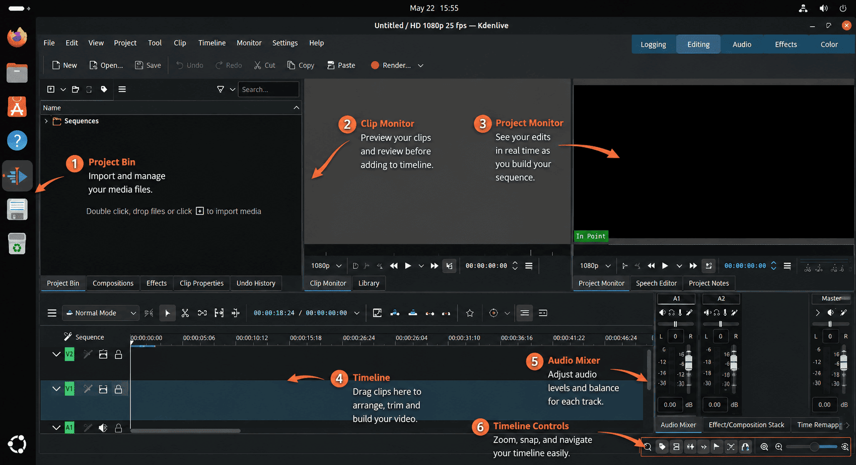 Kdenlive editor interface on Ubuntu with project bin, monitors, timeline, and audio mixer