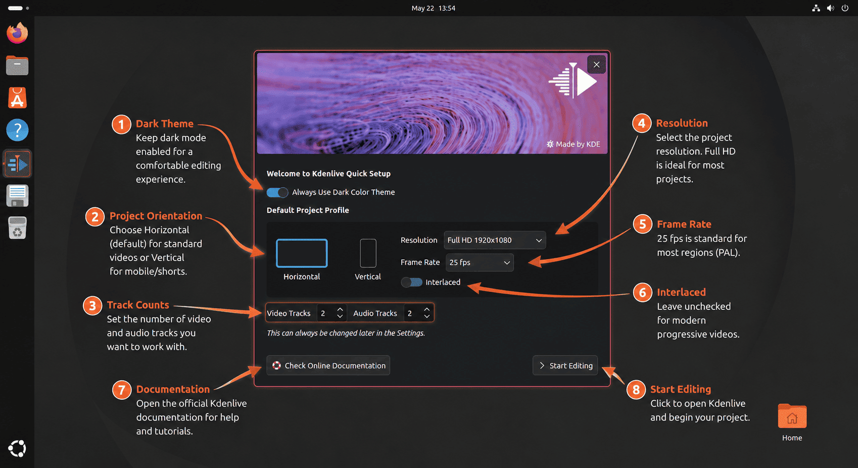 Kdenlive quick setup window on Ubuntu showing project profile, tracks, frame rate, and start button