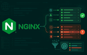 Nginx logo with request log panels showing successful checks and error alerts