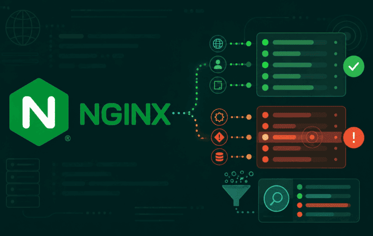 Nginx logo with request log panels showing successful checks and error alerts