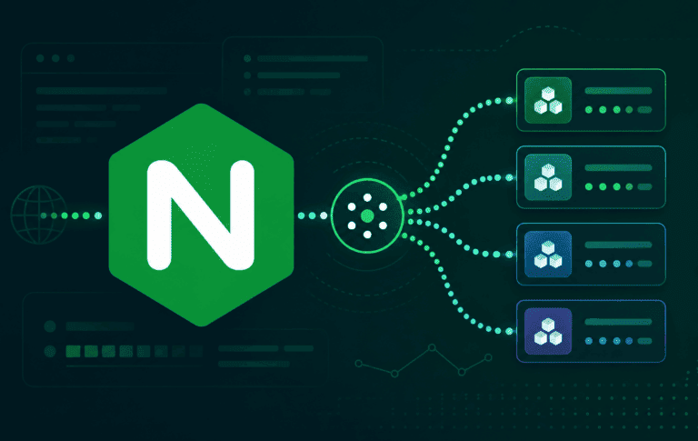 Nginx logo routing dotted traffic paths to multiple backend server panels