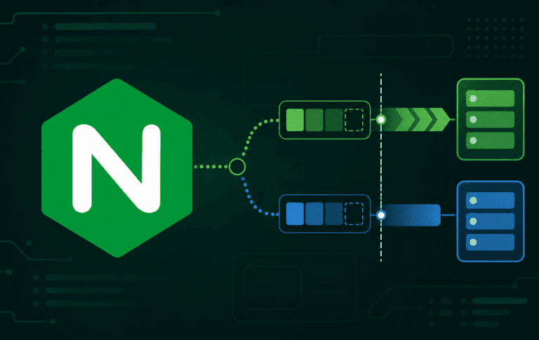 Nginx logo with split proxy routes showing URI paths sent to backend servers
