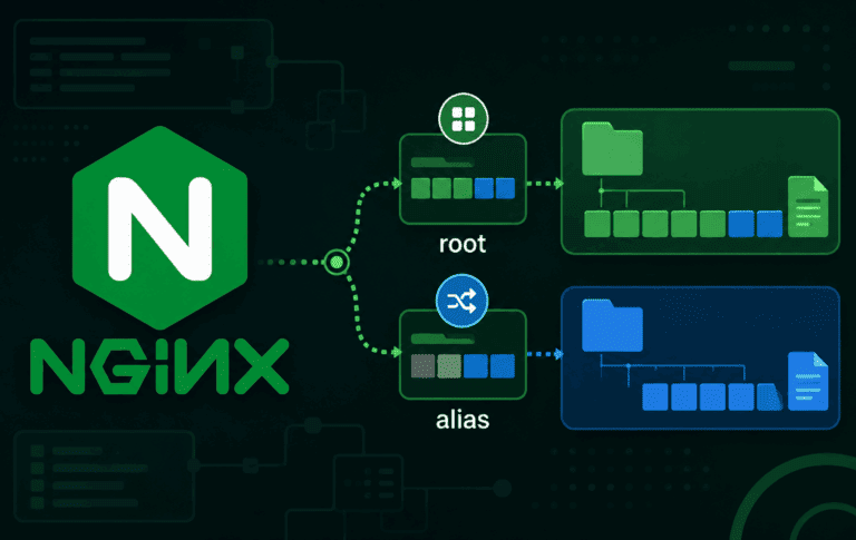 Nginx root and alias path mapping diagram with green and blue file trees