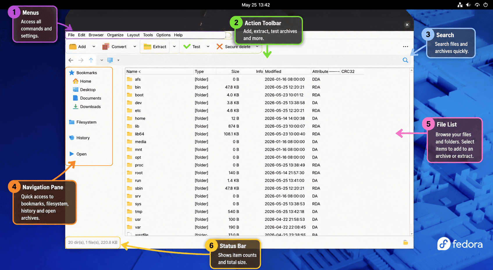 PeaZip window with labels for menus, toolbar, search, navigation pane, file list, and status bar