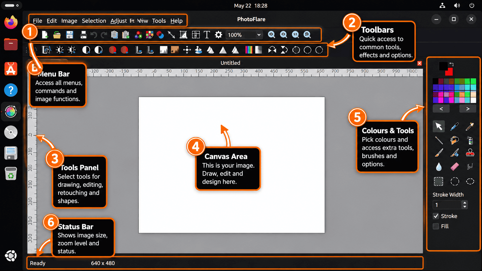 PhotoFlare editor on Ubuntu with menu bar, toolbars, canvas area, tools panel, and color palette