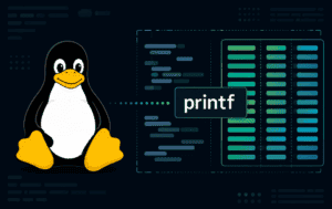 Tux beside a printf label and formatted output table for Linux shell formatting