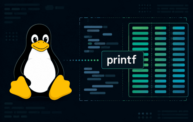 Tux beside a printf label and formatted output table for Linux shell formatting