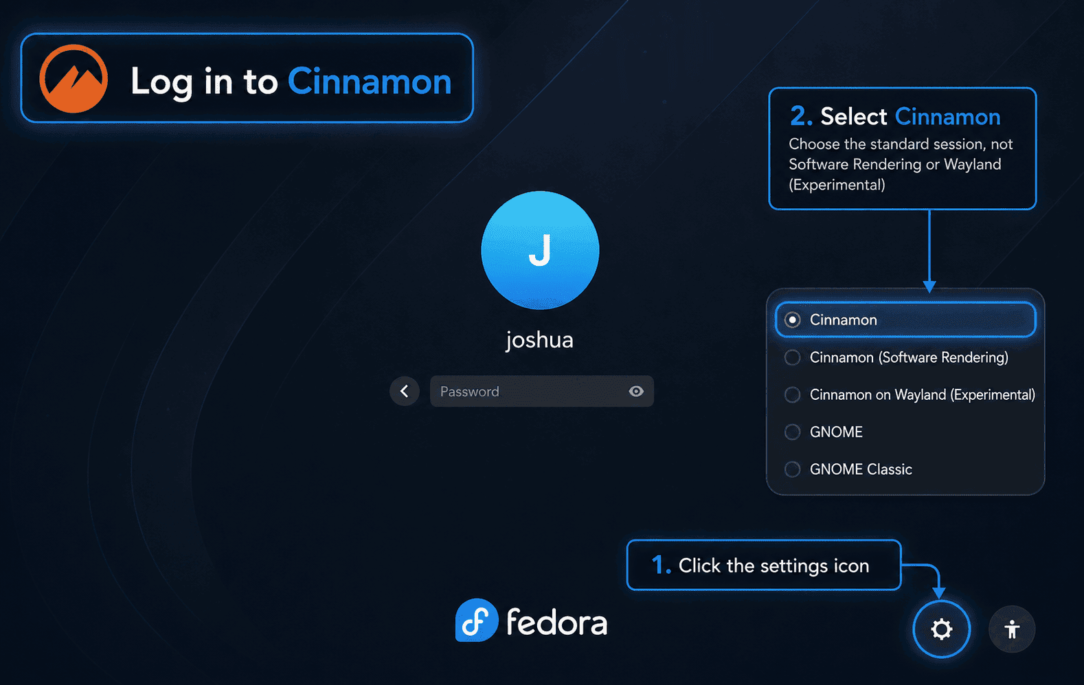 Fedora login screen with the Cinnamon session selected in the session menu