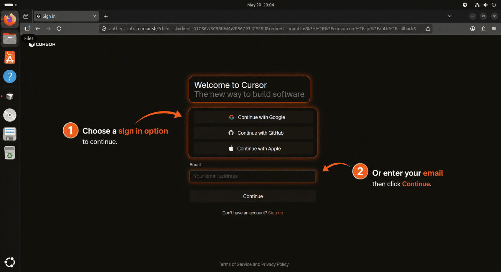 Cursor sign-in page in Firefox with Google, GitHub, Apple, and email options highlighted