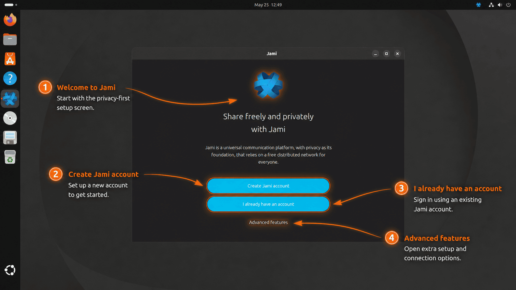 Jami welcome screen on Ubuntu with annotated account setup options