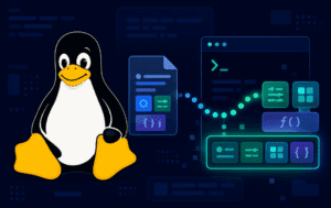 Tux beside terminal and config panels representing Linux source command setup files