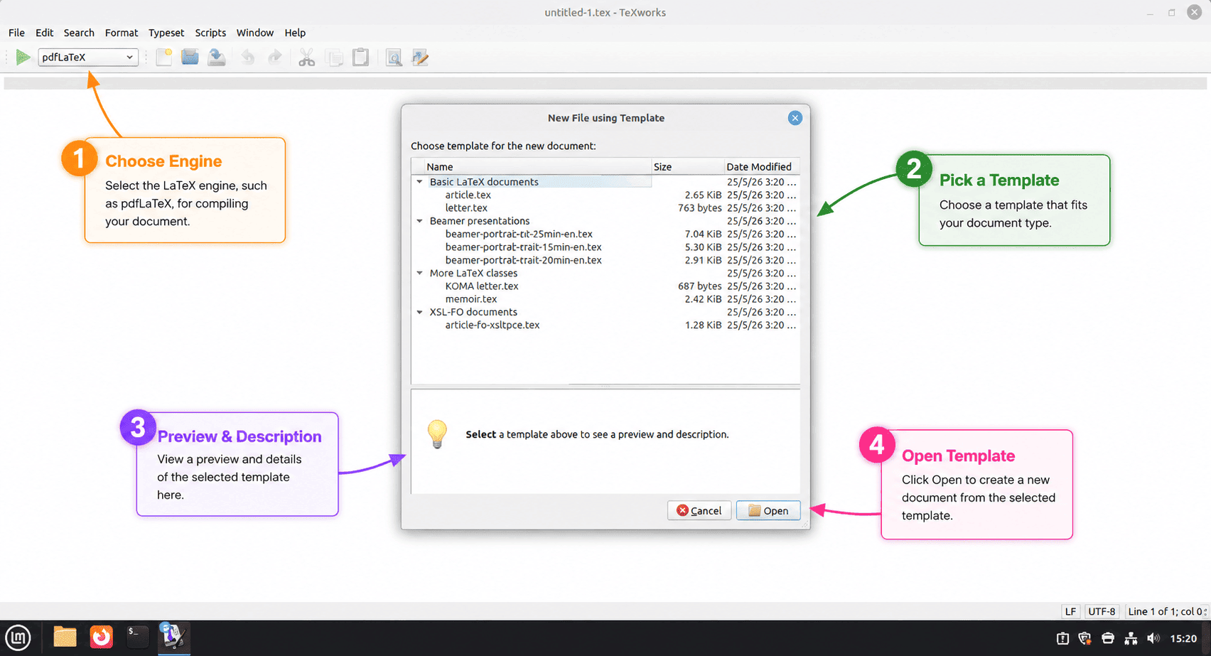 TeXworks open on Linux Mint with the LaTeX engine selector, template chooser, preview panel, and Open button annotated
