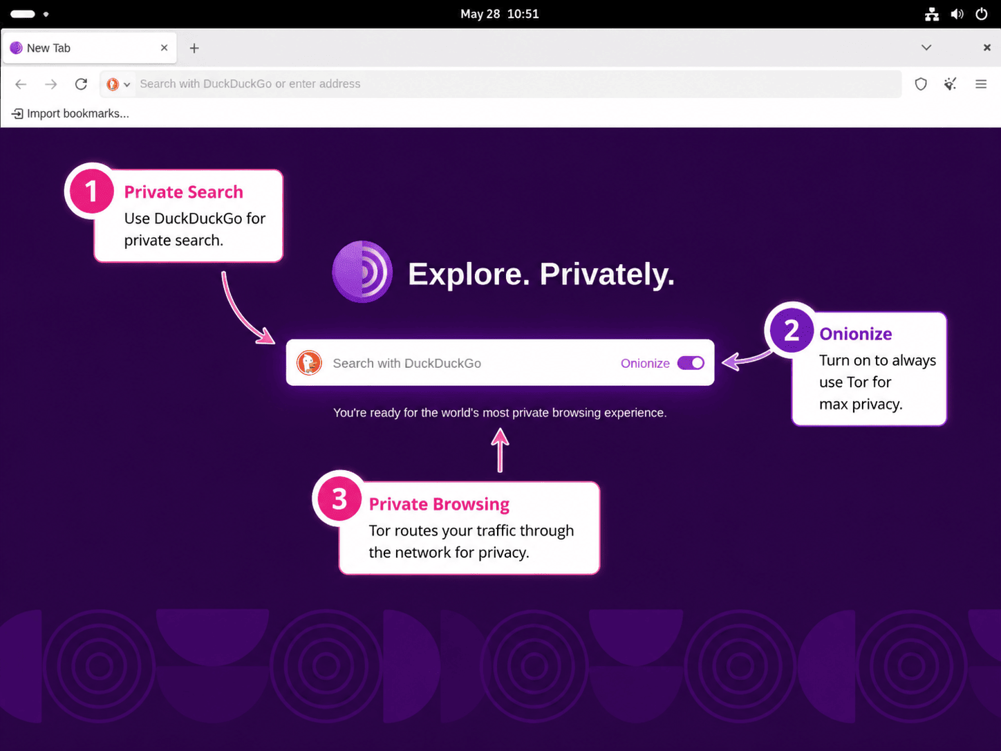 Tor Browser new tab page after connecting to the Tor network