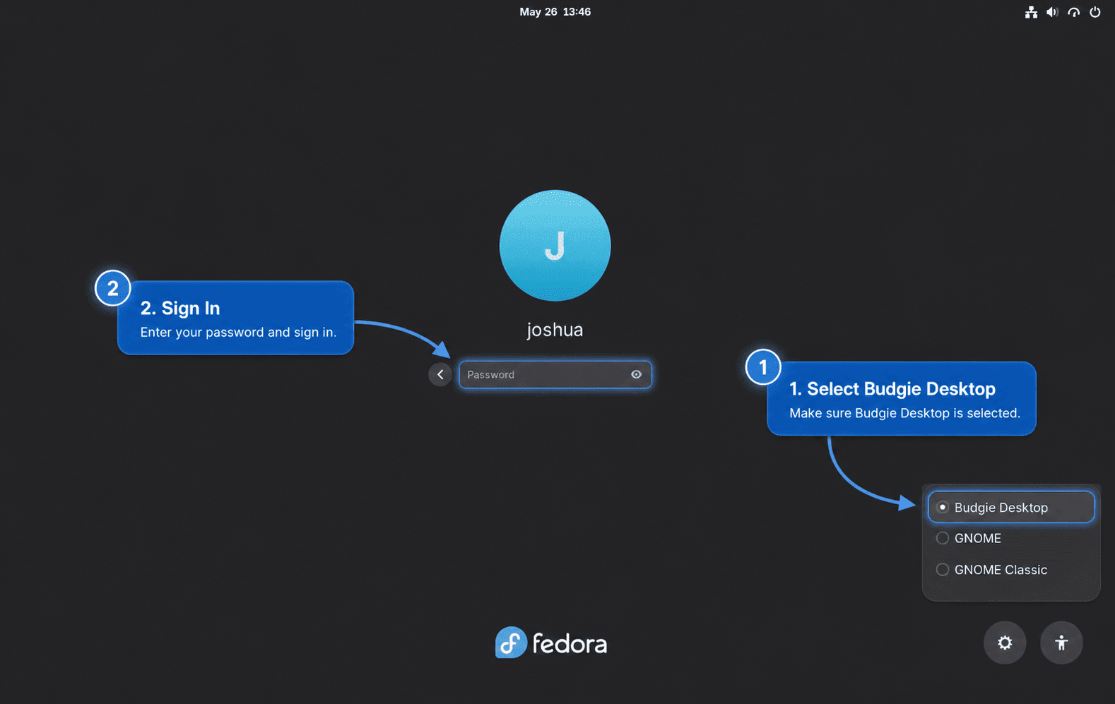 Fedora login screen with Budgie Desktop selected in the session menu