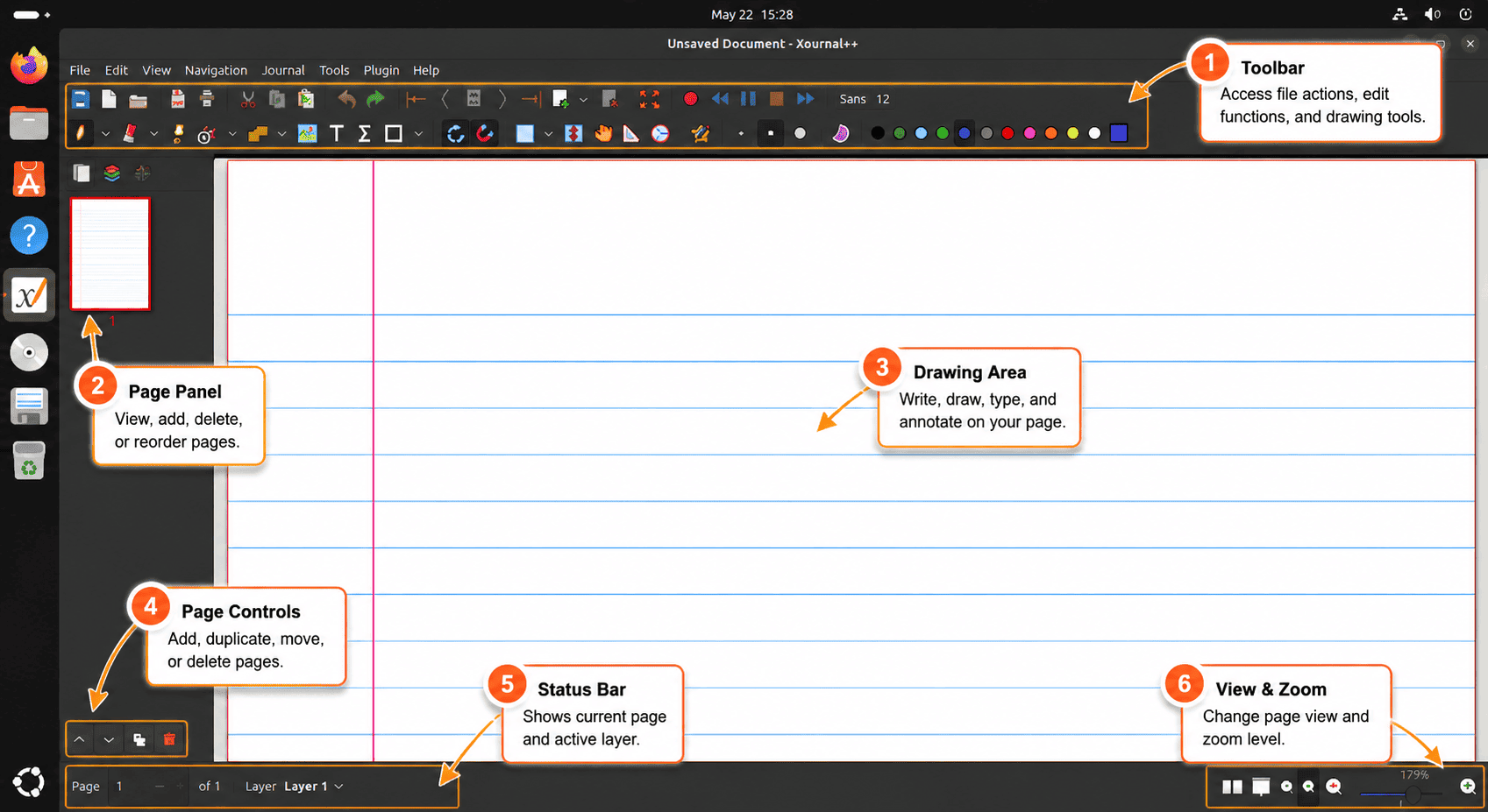 Xournal++ open on Ubuntu with toolbar, page panel, drawing area, and zoom controls