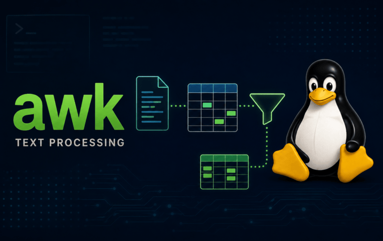 AWK text processing graphic with document, table, filter icons, and Tux on a dark Linux background