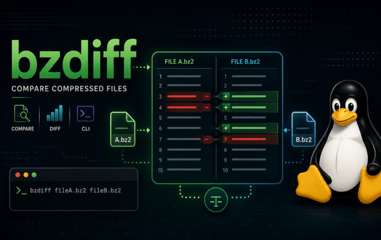 bzdiff comparing File A.bz2 and File B.bz2 with highlighted diff lines and Tux Linux mascot