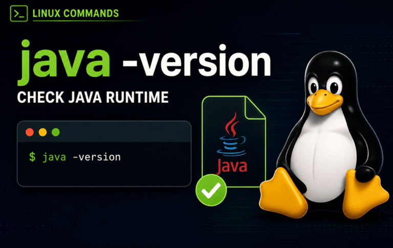 Linux Commands graphic showing java -version, Tux, and a Java file icon for runtime checks