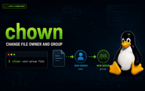 Linux chown command graphic showing a file reassigned to a new owner and group