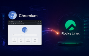 Chromium browser window and Rocky Linux logo representing a Chromium install guide