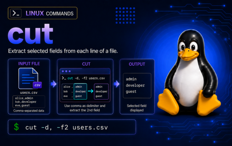 cut command graphic showing a CSV file, terminal field extraction, and selected output on a dark Linux background