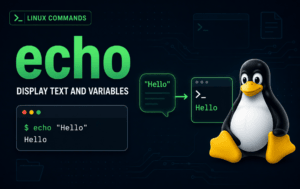 echo command graphic showing a terminal Hello example, Linux Commands label, and Tux on a dark background
