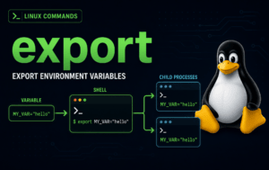 Linux export command graphic showing MY_VAR flowing from a shell to child processes beside Tux