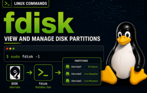 Linux fdisk command graphic showing a disk, terminal prompt, partition list, and Tux mascot
